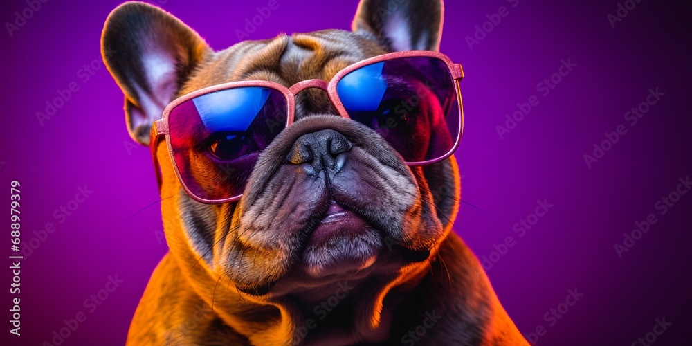 A Dog wearing Sunglasses against A Purple background