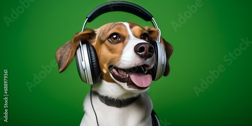 A Dog wearing headphones against A green background 