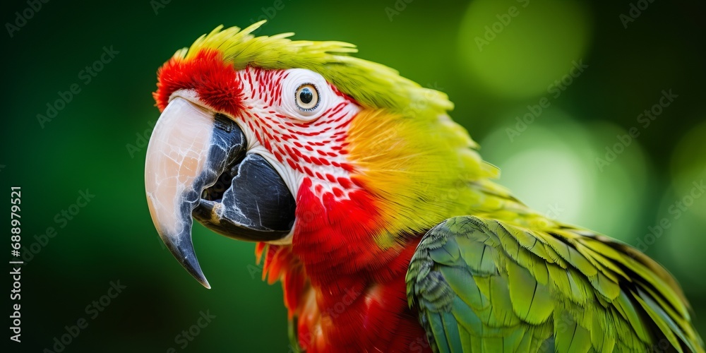 Close-up of a Scarlet Macaw with a vibrant green background