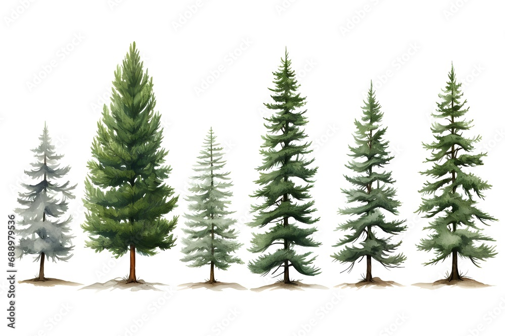 Set of photos of pine trees, colorful, big trees, white background, illustrations