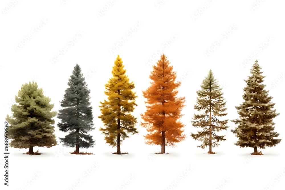 Obraz premium Set of photos of pine trees, colorful, big trees, white background, illustrations
