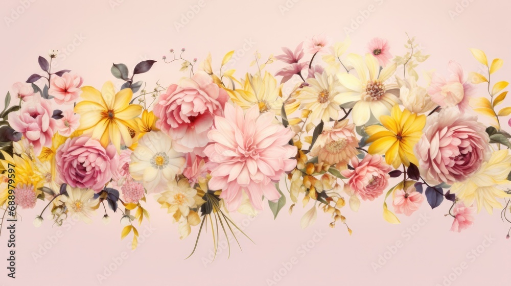 Compilation of flowers, including roses, daisies, and chrysanthemums on pink surface. Floral design and decoration.
