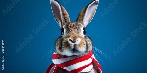 Rabbit in a red and white striped scarf against a blue sky