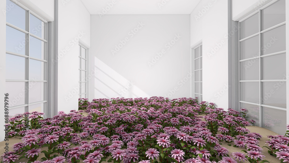 The room is full of flowers. 3D illustration, 3D rendering