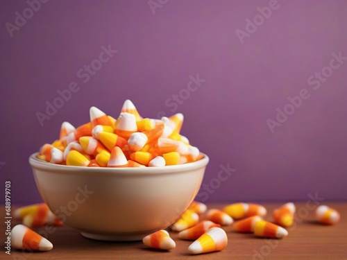 Bowl of Candy Corn on an Orange Background with copy space