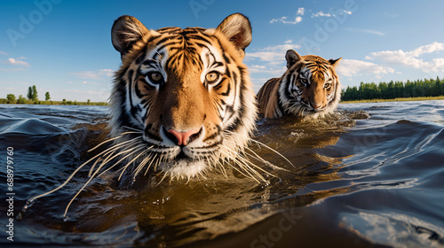 Siberian Tigers in water, AI Generative. photo