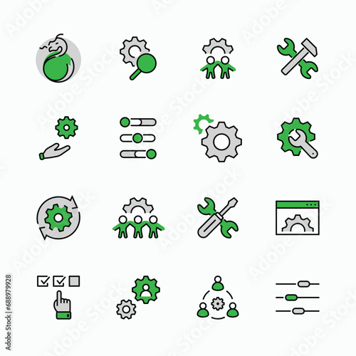 Set of Settings and Setup Vector Line Icons. Contains such Icons as Gear, Setting, Control, Iinstall, Options, Service, and more. Editable Stroke. 32x32 Pixels.