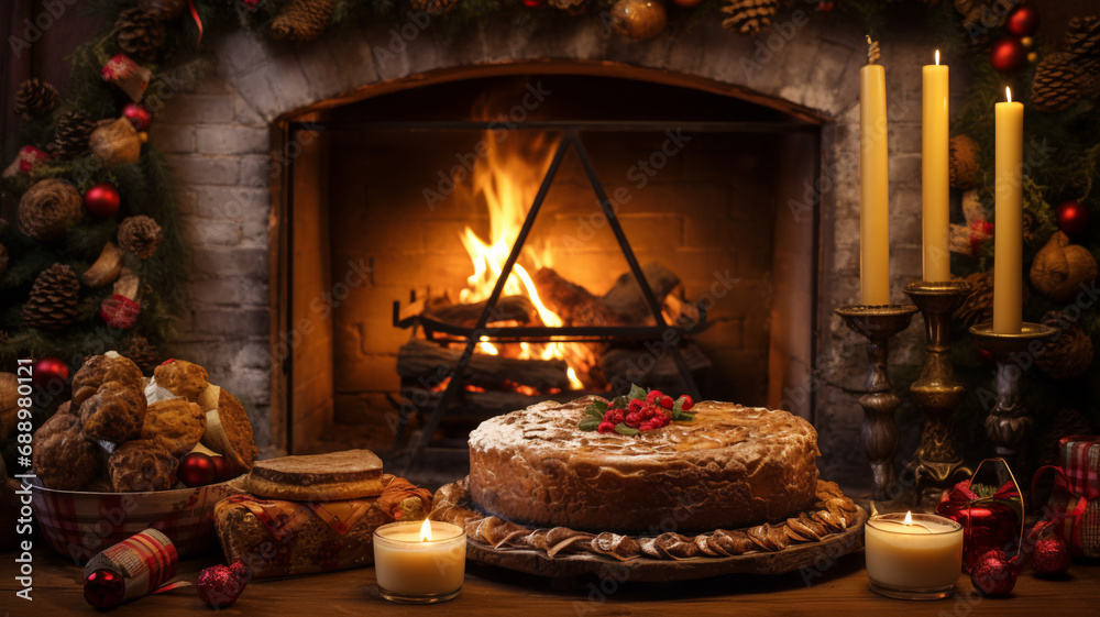 A freshly baked Christmas cake on a rustic table, accompanied by festive decorations and the warm glow of a fireplace, evoking cozy holiday cheer.