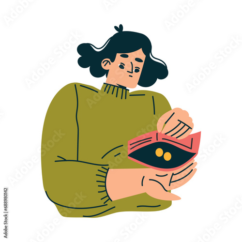 Poor Woman Character with Empty Wallet Having No Money Vector Illustration