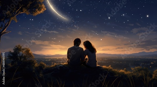 Twilight serenity with couple gazing at bright comet trail over peaceful river.
