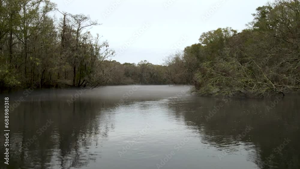 Dramatic looking fog over Edisto river in a gray autumn day flowing thru a forest that has lost leaves to autumn weather Dramatic looking fog over Edisto river in a gray autumn day flowing thru a forest that has lost leaves to autumn weather