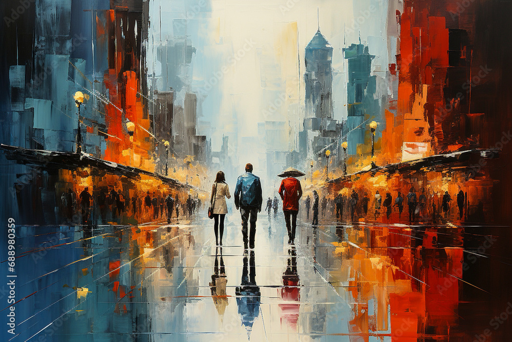 abstract painting with people in the city