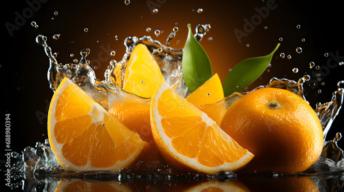 Glass of orange juice with slices and splash on dark background with ripe organic oranges.Macro.AI Generative