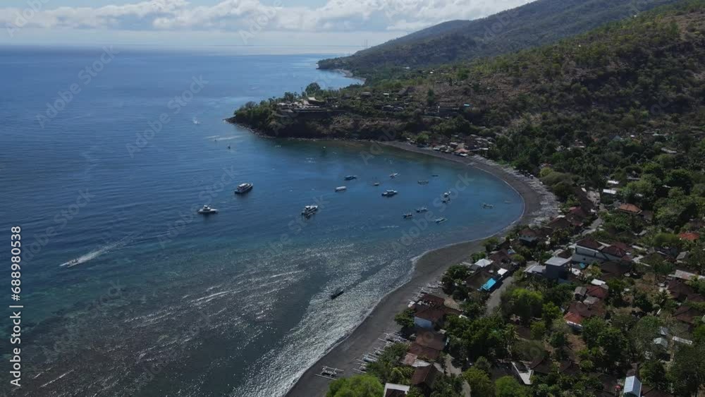 Drone point view of traditional boats at the beach at sunny day. High quality 4k footage Drone point view of traditional boats at the beach at sunny day. High quality 4k footage