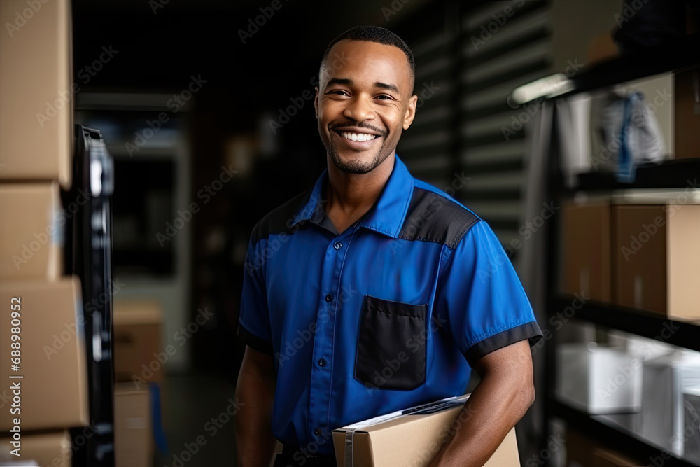 A smiling black man in a warehouse, wearing a postal uniform and standing among shelves of boxes. A smiling black man in a warehouse, wearing a postal uniform and standing among shelves of boxes.