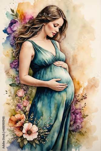 Illustration of a pregnant woman lovingly looking at her belly while caressing it, wearing flowy dress. Future mom, standing in nature. Happy Pregnancy And Motherhood Concept