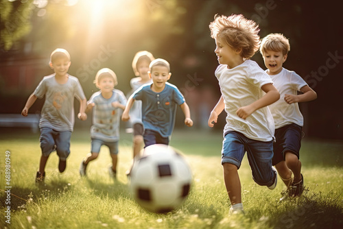 Energetic boys playing soccer together outdoors on a sunny summer day, enjoying a friendly match on the green grass. © Andrii Zastrozhnov