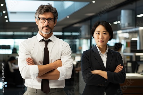 A confident Asian businesswoman and bearded businessman in an office showcase professional elegance and teamwork.