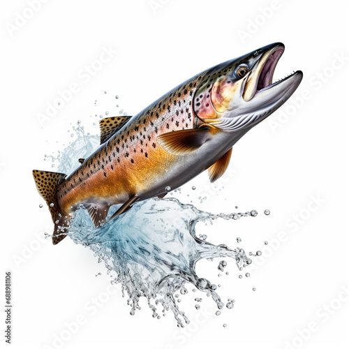 Atlantic Salmon fish jump pose isolated white background, ai technology photo