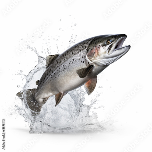 Atlantic Salmon fish jump pose isolated white background, ai technology
