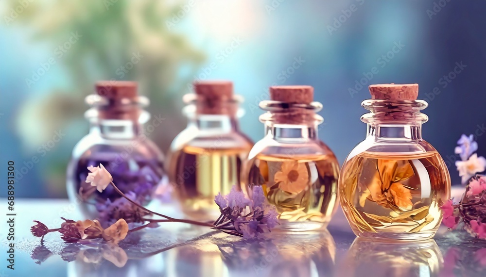 Perfume Oil bottles or Aroma Therapy - obrazy, fototapety, plakaty 