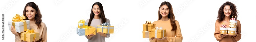 Holidays, celebration and women concept. Portrait of happy cheerful girl likes celebrating birthday and receive presents, holding two gift boxes and smiling camera isolated on white ba. generative ai.