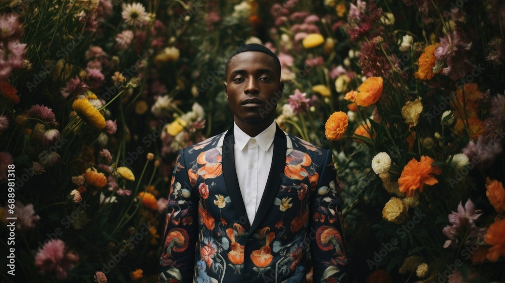 A man stands gracefully in a vibrant flower garden, showcasing a beautifully designed suit surrounded by colorful blossoms