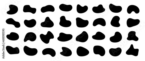 Abstract organic shapes collection. Irregular liquid forms set. Black amoeba blobs, blotches, drops and stains pack. Different design elements for label, sticker, banner, speech bubble. Vector bundle
