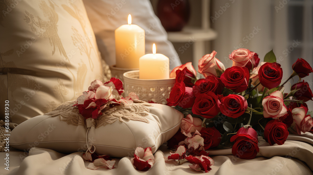 Obraz premium A romantic bed scene adorned with heart-shaped pillows and roses, capturing the love and intimacy. Perfect for conveying warmth and celebrating special moments at home.