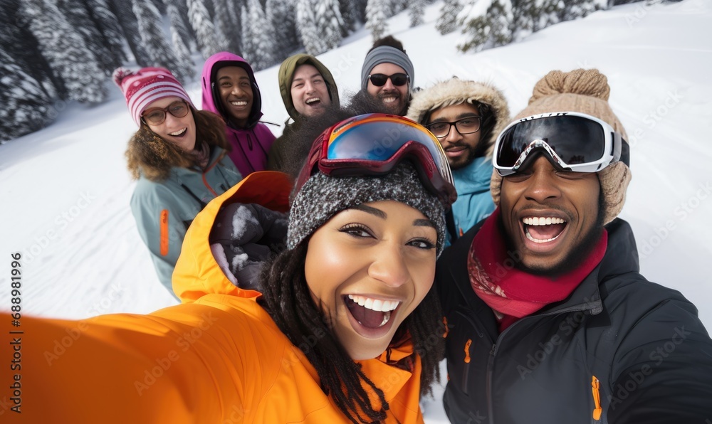 A Joyful Moment Captured: Friends Taking a Selfie in the Snow A Joyful Moment Captured: Friends Taking a Selfie in the Snow