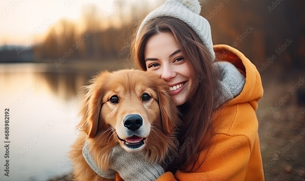 A Loving Connection: Woman Embracing Her Adorable Canine Companion A Loving Connection: Woman Embracing Her Adorable Canine Companion