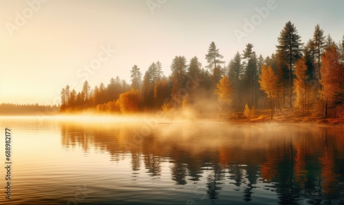 A Serene Lake Shrouded in Misty Forest