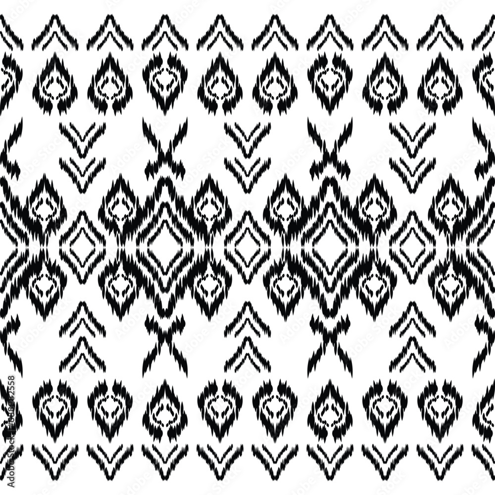 Aztec tribal vector background in black and white. Seamless ikat pattern. Traditional ornament ethnic style. Design for textile, fabric, clothing, curtain, rug, ornament, wrapping.