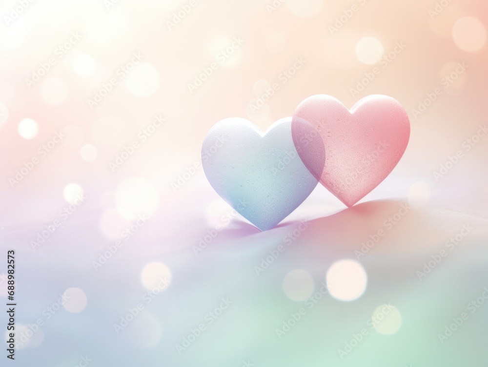 Two hearts on a pink and blue background. Generative AI.