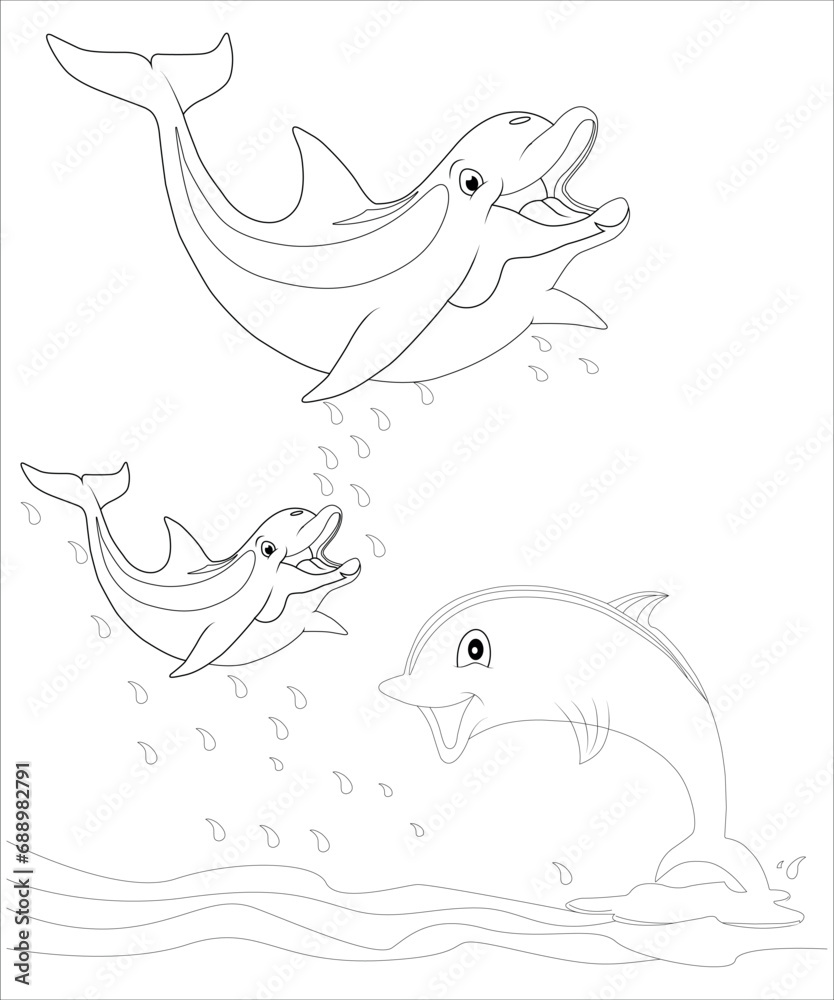 Fototapeta premium Cute Dolphin teem in the ocean colouring page for children 