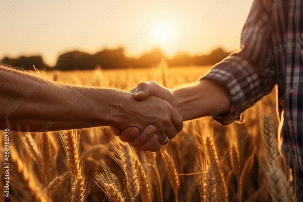 Two farmers standing in wheat field and shaking hands during sunset. AI generative Two farmers standing in wheat field and shaking hands during sunset. AI generative