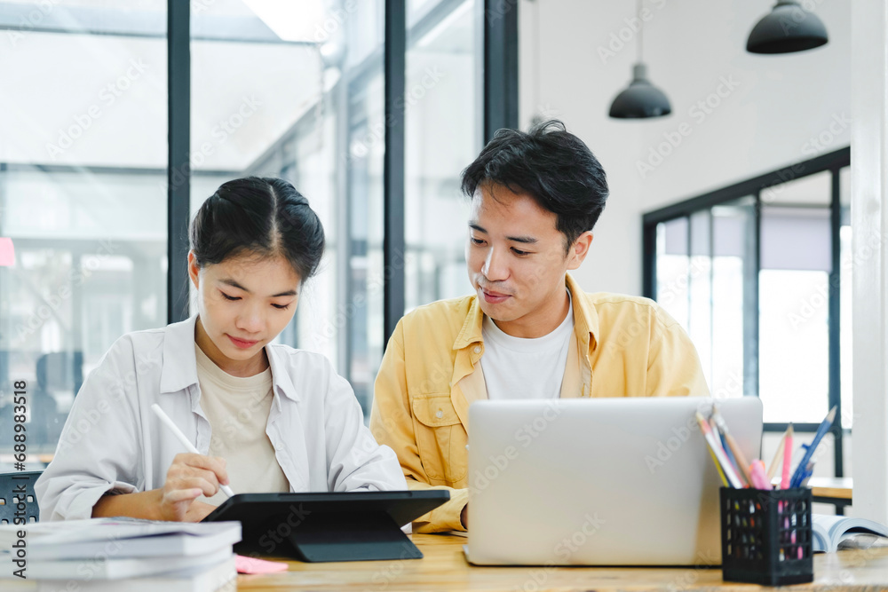 Young students campus helps friend catching up and learning. Young students campus helps friend catching up and learning.