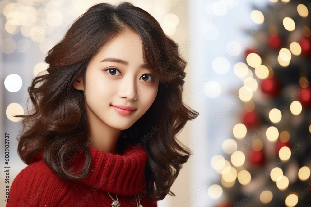 Smiling Chinese Girl on a Light Background in the Christmas Spirit Smiling Chinese Girl on a Light Background in the Christmas Spirit