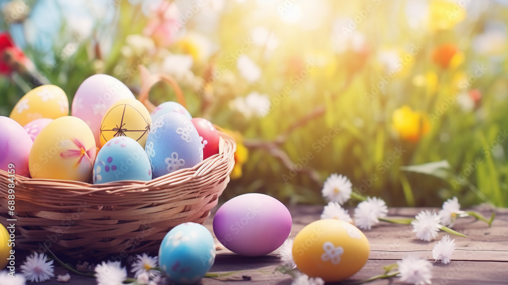 Colorful Easter eggs in a wicker basket on a rustic wooden table, set against a backdrop of a bright spring garden, symbolizing joy and renewal.