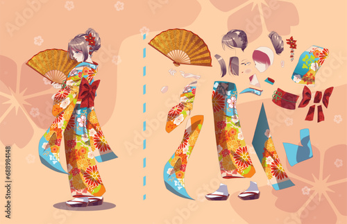 Anime manga girl cartoon characters for animation, motion design kit. Parts of body. Girl or geisha wearing Japanese kimono standing with handheld paper fan