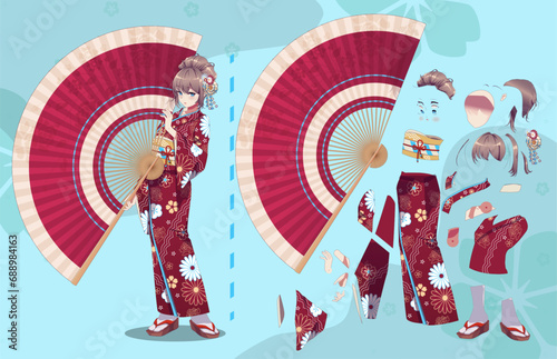Anime manga girl cartoon characters for animation, motion design kit. Parts of body. Girl or geisha wearing Japanese kimono standing with handheld paper fan