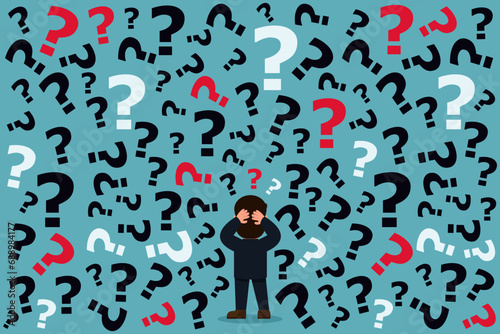 ฺPuzzled businessman standing with questions Dilemma and the confusing idea of many options. Decision strategies work to achieve success goals. Concept of many business problems. Vector illustration