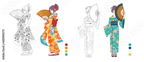 Anime manga girl wearing Japanese kimono. Contour vector illustration for coloring book. Monochrome and colored versions