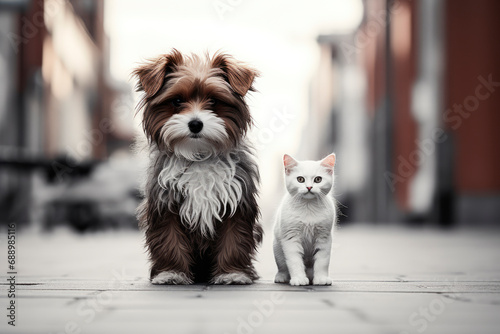 Homeless sad kitten and dog sitting on a street. Stray street animals roaming in a residential area. photo