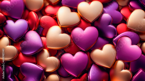 Pile of red, purple and golden hearts.