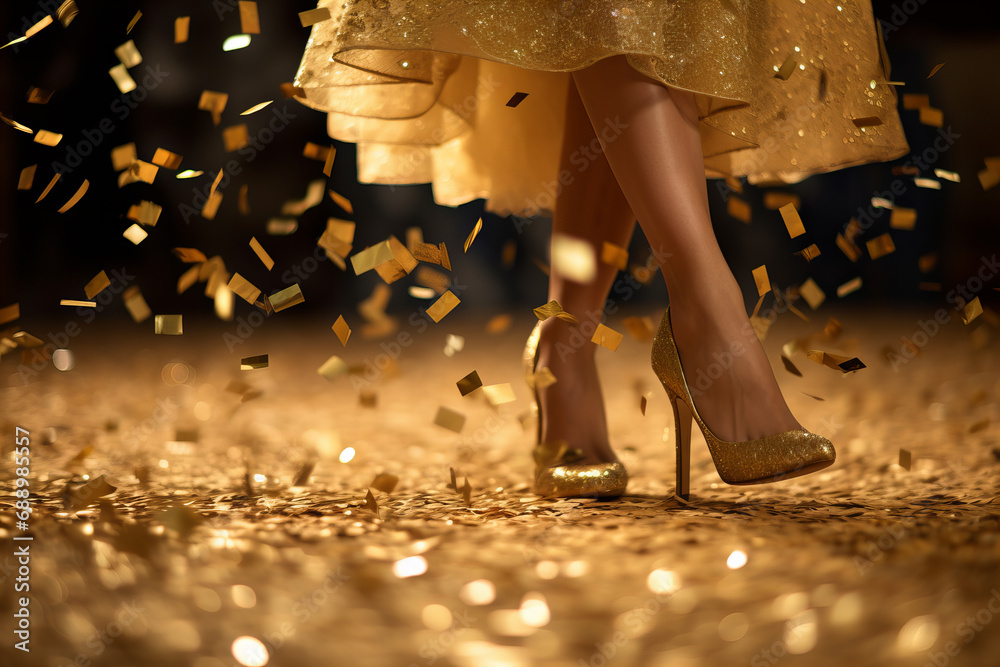 close up of womans feet in golden glitter pumps walking on gold confetti, new year party