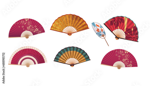 Colorful Asian traditional handheld paper fan, japanese souvenir, wooden chinese hand traditional fans vector illustration icons set. Cartoon flat vector illustration photo