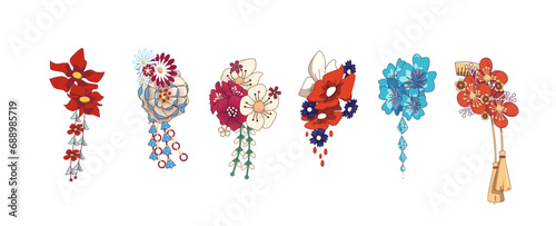 Set of hair traditional Japanese kanzashi hairpins. Flower hairpins and hair-clip for geisha. Vector illustration