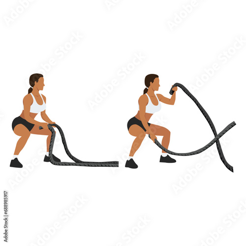 Woman doing battle rope squatting alternating waves. flat vector illustration isolated on white background