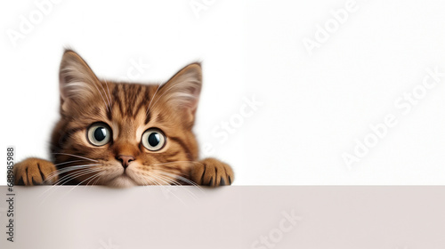 Cute cat peeking over a wall with white background